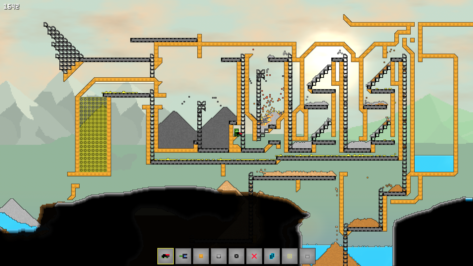 A demo-era factory: sifting lines, slag piles, and a water reservoir on the right edge.